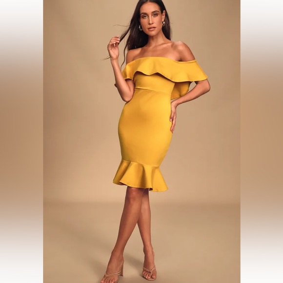 Lulus Confidence Boost Mustard Yellow Off-the-Shoulder Bodycon Dress Size S NWT - Picture 3 of 14